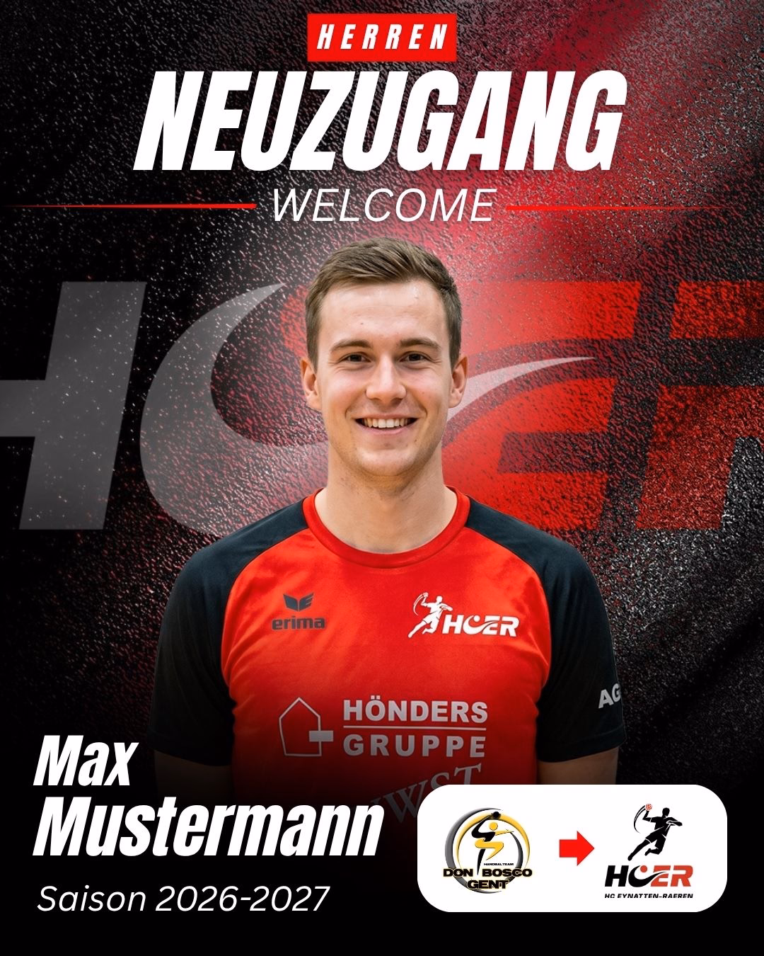 Neuzugang Max Mustermann willkommen bei HCER Erzhalter Bärenm, Saison 2026-2027, von Don Bosco Gent.