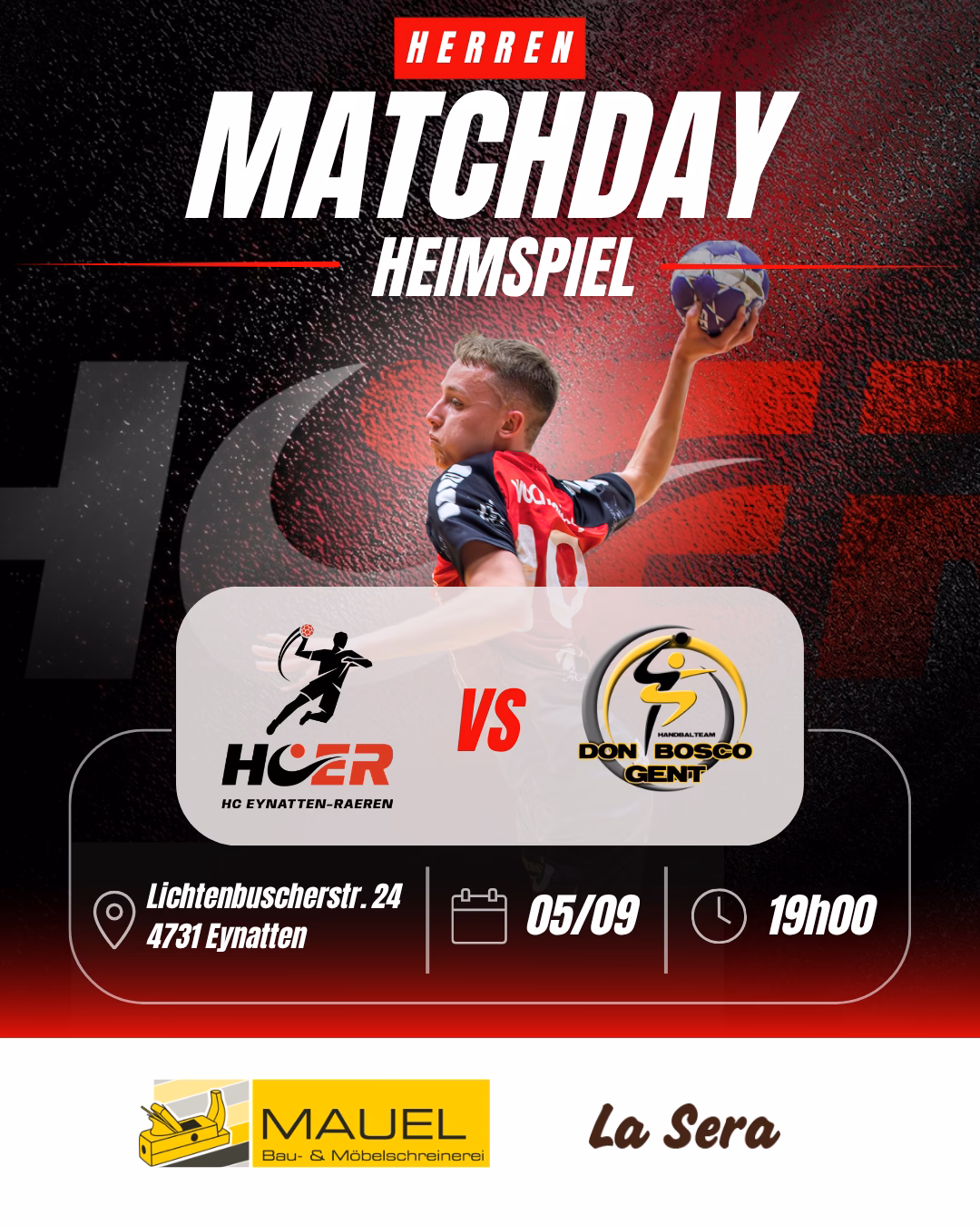 Matchday Heimspiel: HCER Eynatten-Raeren vs Don Bosco Gent am 05/09 um 19:00 Uhr in Eynatten.