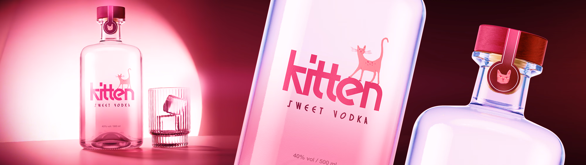 Kitten Sweet Vodka Flaschen in rosa Beleuchtung mit Glas und Produktdetails auf pinkem Hintergrund.