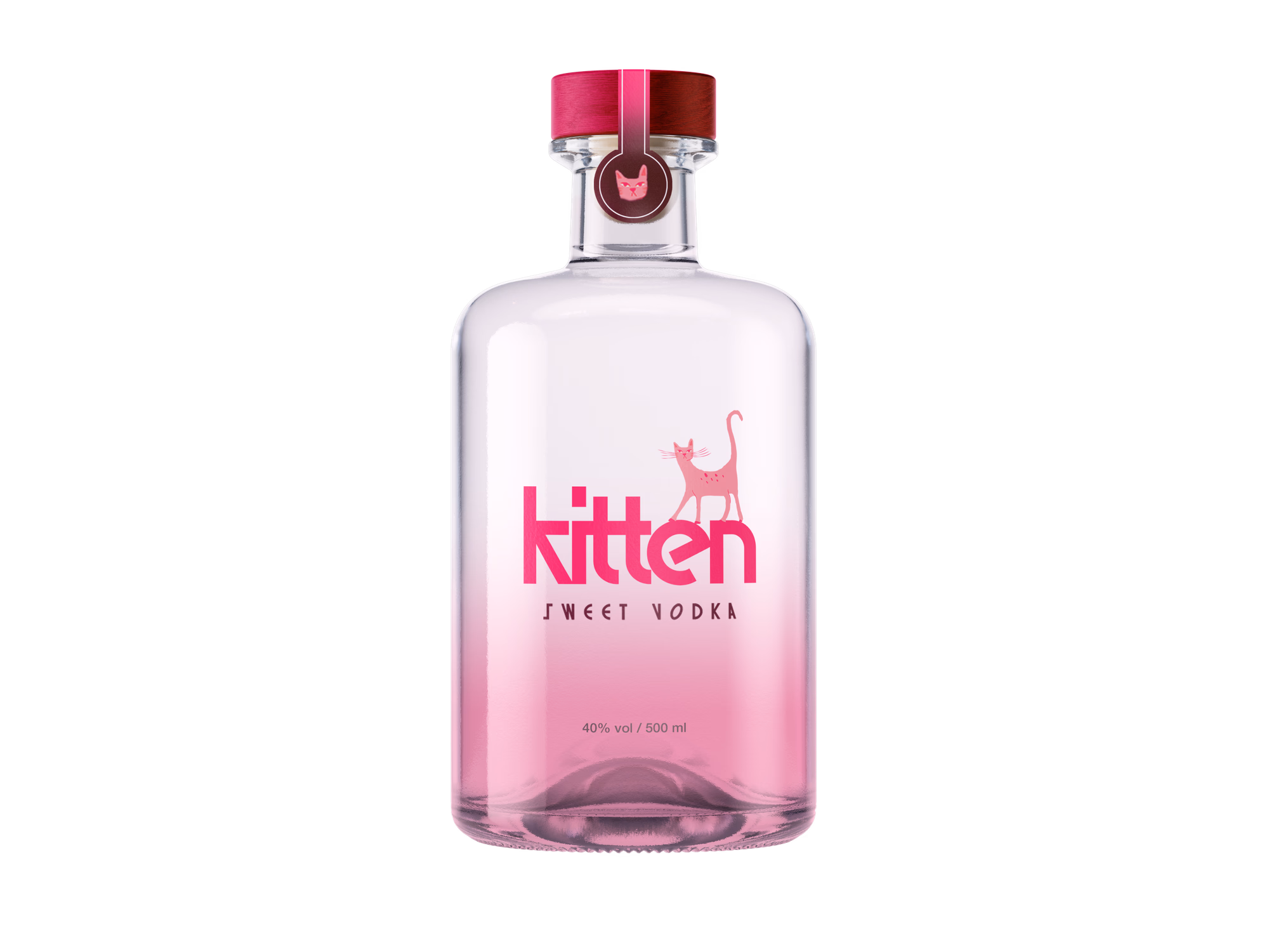 Kitten Sweet Vodka Flasche, 500ml, 40% vol, mit rosa Etikett und Katzenmotiv auf schwarzem Hintergrund.