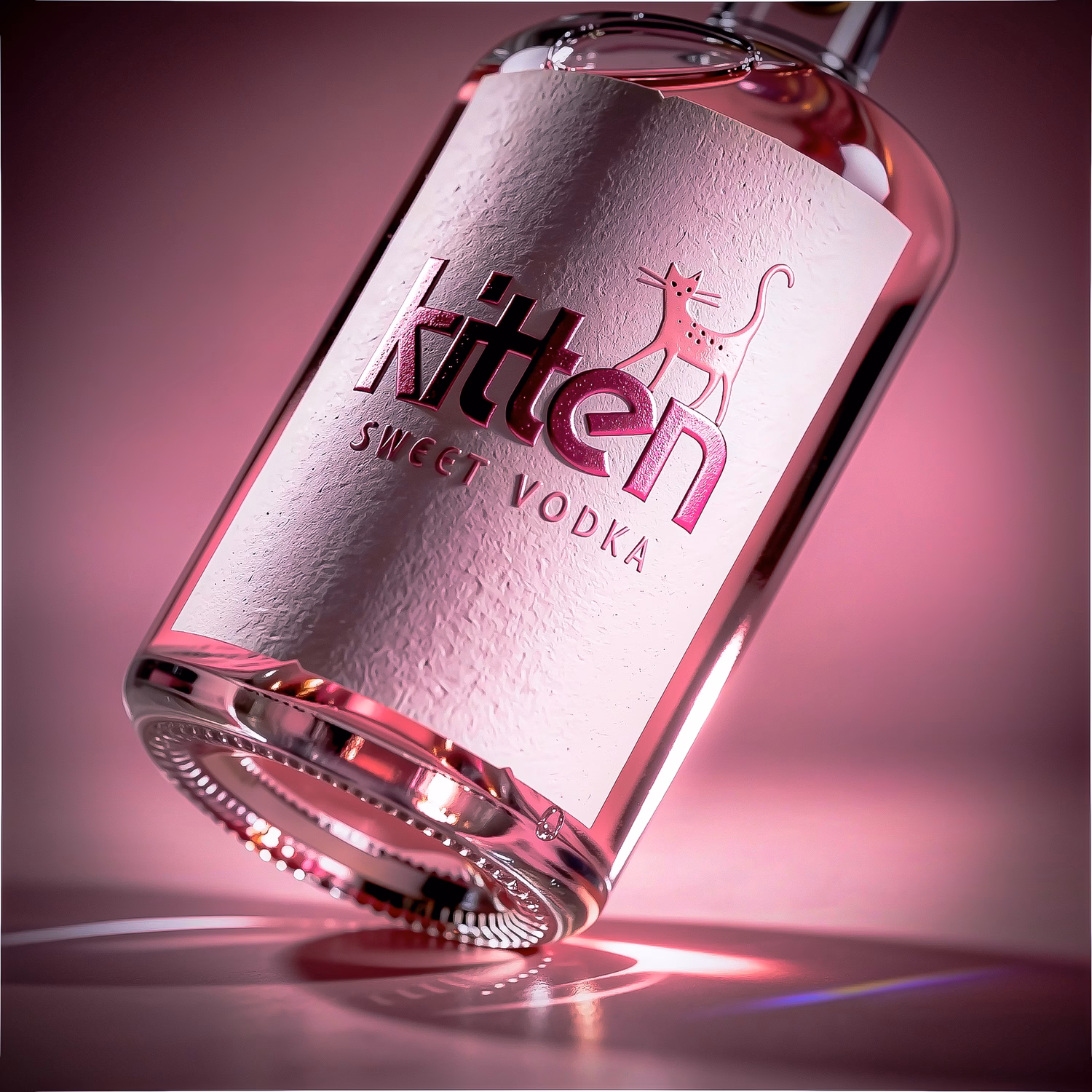 Kitten Sweet Vodka Flasche mit rosa Etikett auf pinkem Hintergrund, mit Kondenswassertropfen.