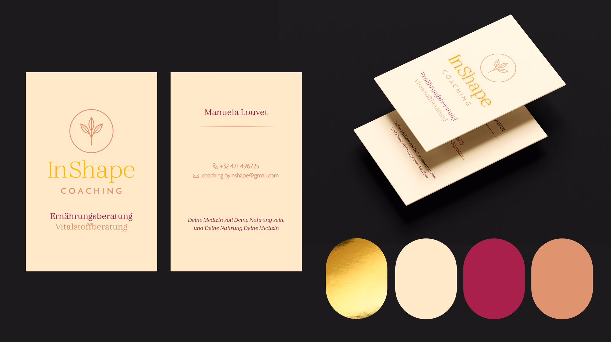 InShape Coaching Branding mit Visitenkarten, Logo und Farbpalette in Creme, Gold, Bordeaux und Terrakotta.