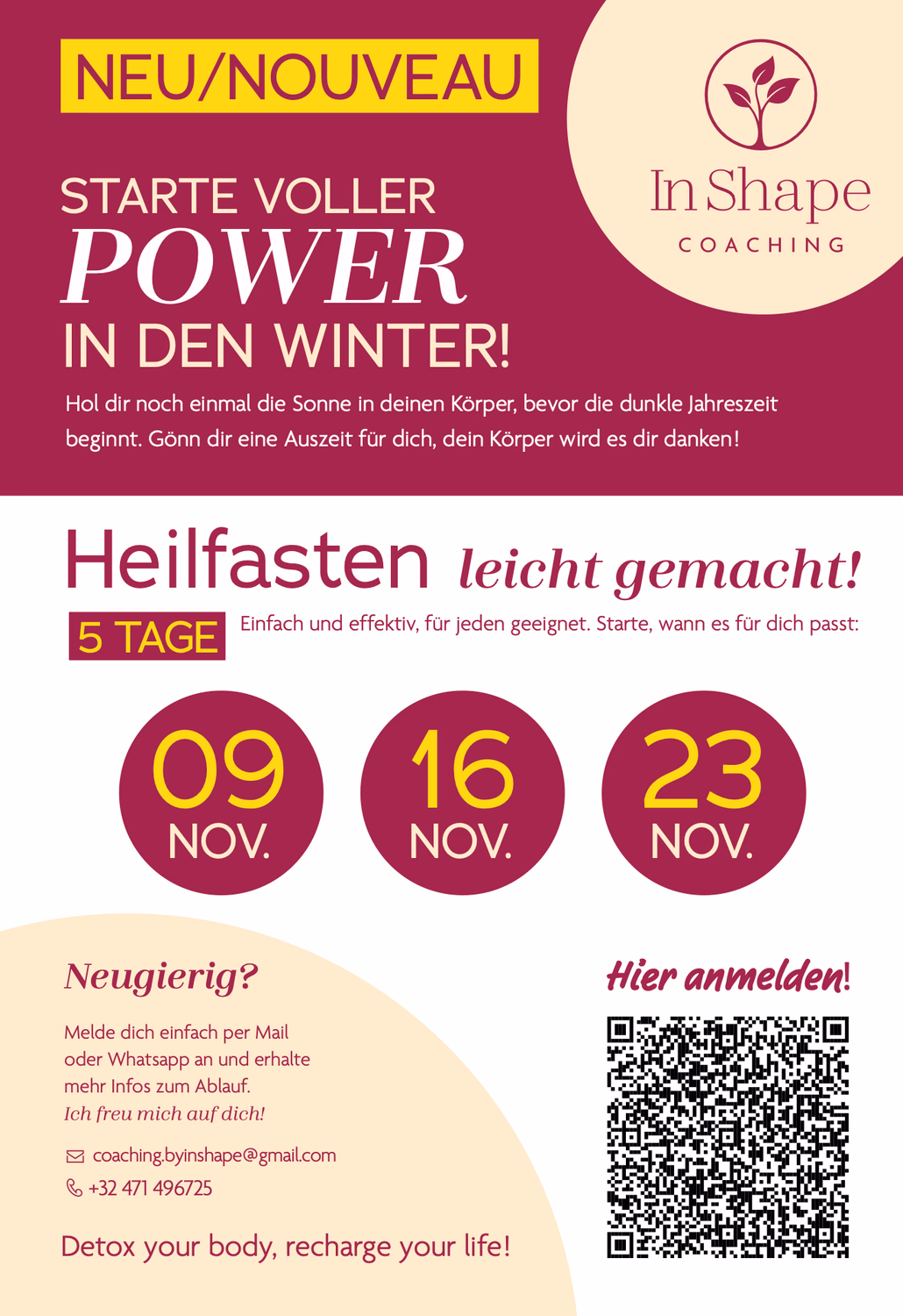 Werbeplakat für "In Shape Coaching" mit Heilfasten-Angebot an drei Novemberterminen und Anmeldungsdetails.
