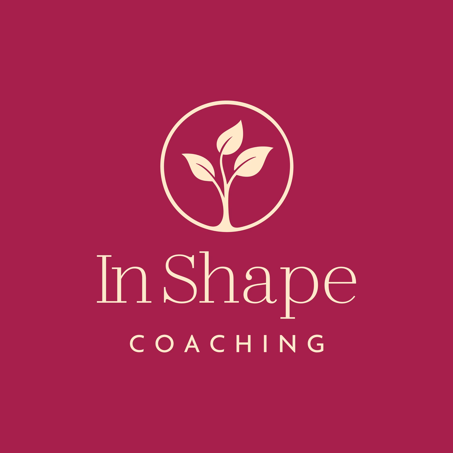 Logo "In Shape Coaching" mit Pflanze im Kreis auf magenta Hintergrund