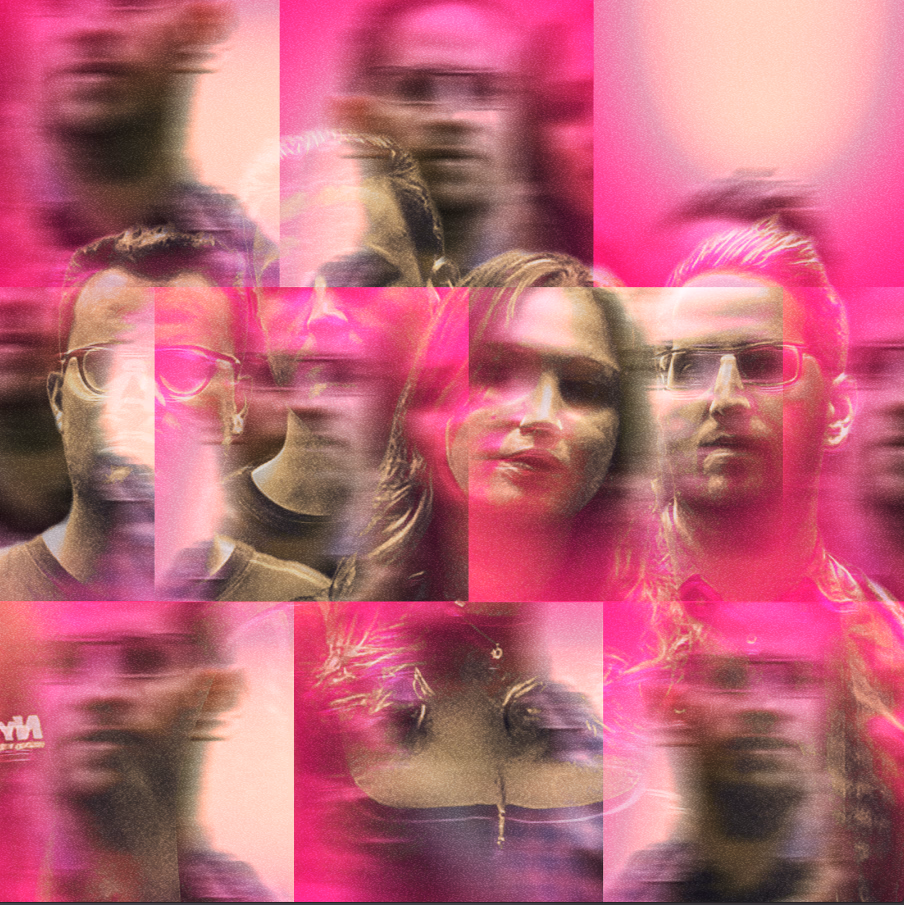 Verschwommenes Porträt von vier Personen mit Brille vor leuchtend rosa und pinkem Hintergrund in Gitteranordnung.
