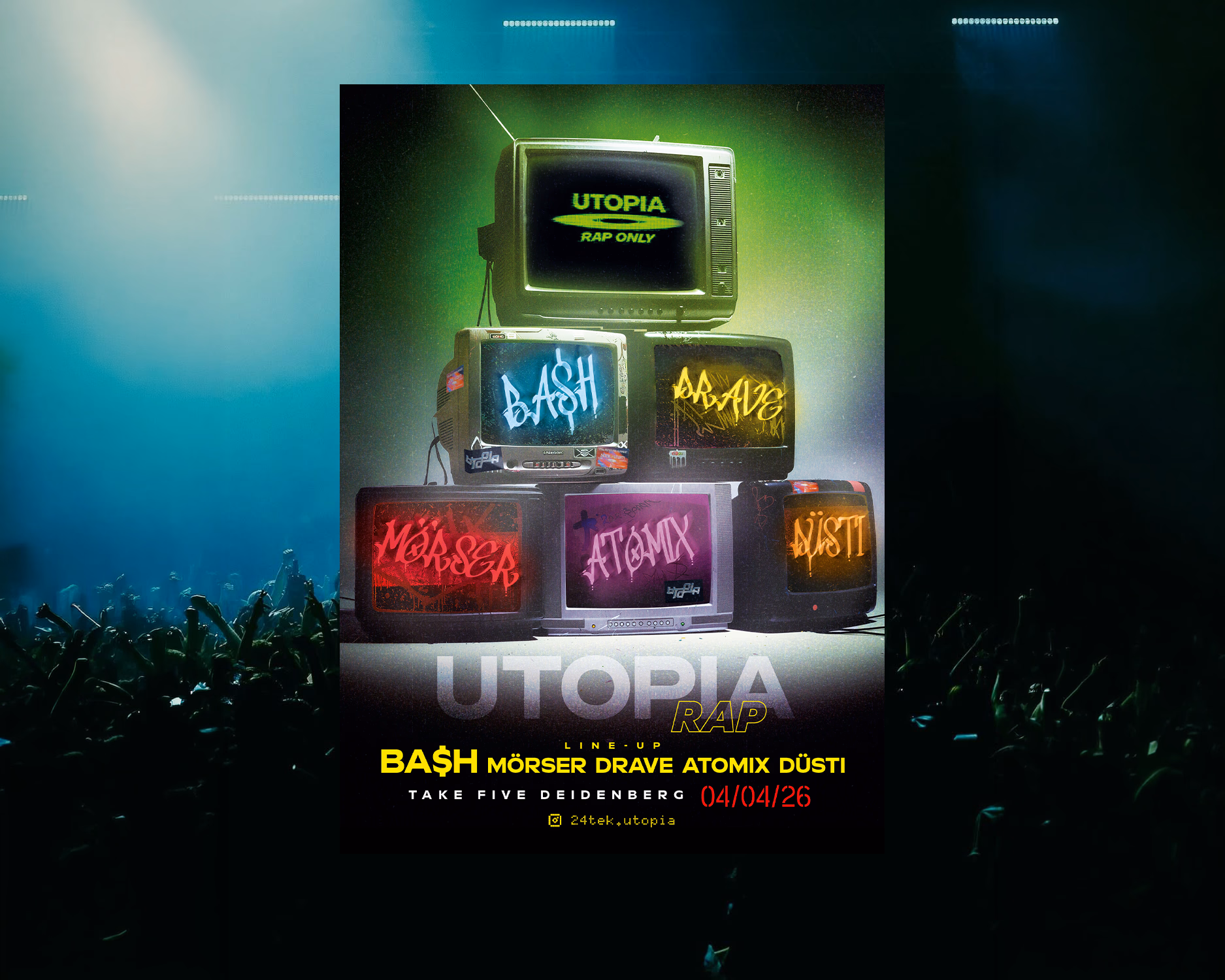 UTOPIA Rap Festival Plakat mit Vintage-Fernsehern und Künstlernamen, Konzert 04/04/26 Deidenberg.