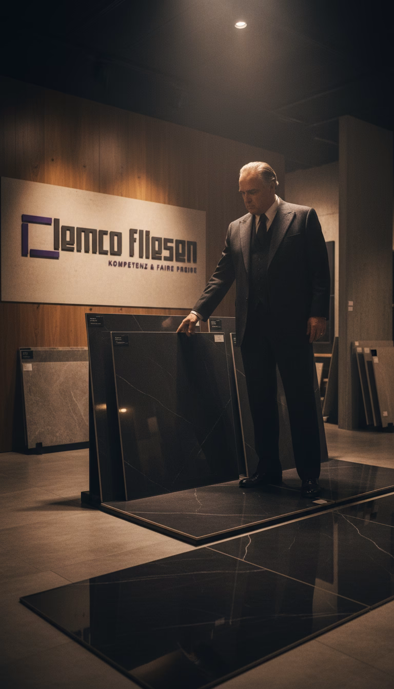 Mann im Anzug präsentiert Fliesenproben in einem Demco Fliesan Showroom mit Markenlogo an der Wand.