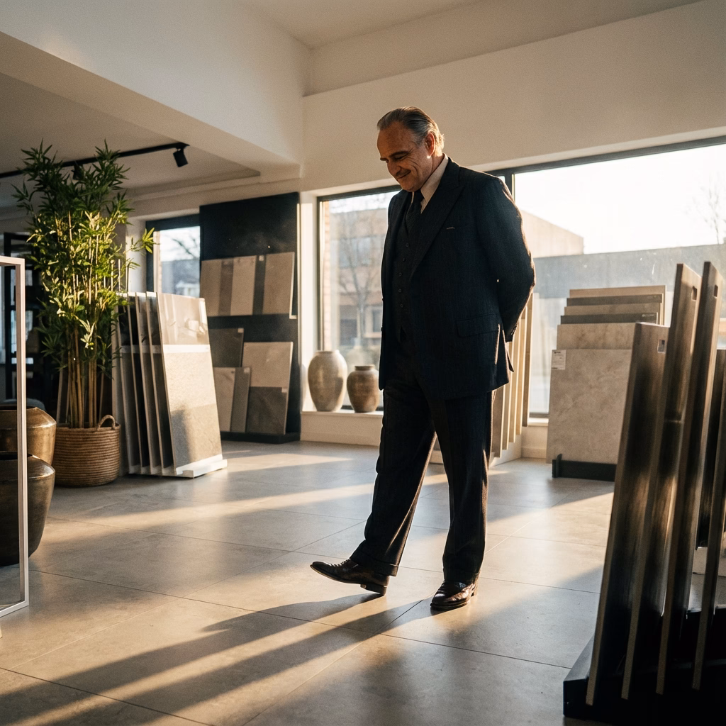 Ein Mann in schwarzem Anzug geht durch einen modernen Showroom mit Fliesenmustern und Designobjekten.