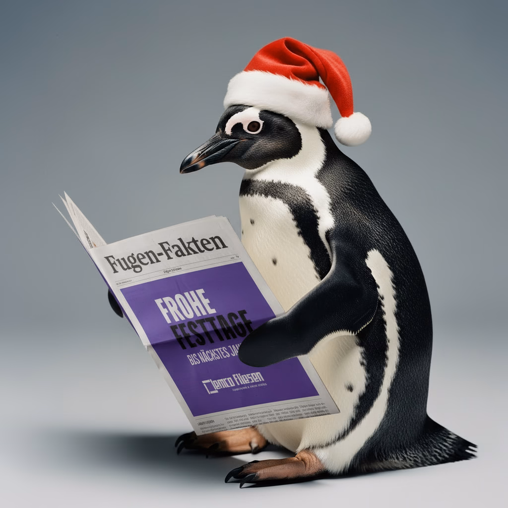 Pinguin mit Weihnachtsmütze liest Zeitung "Fugen-Fakten" vor grauem Hintergrund.