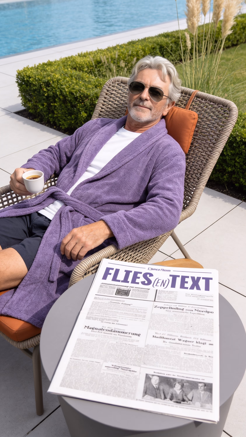 Älterer Mann sitzt im Rattansessel am Pool, liest Zeitung "FLIES(EN)TEXT" und trinkt Kaffee.