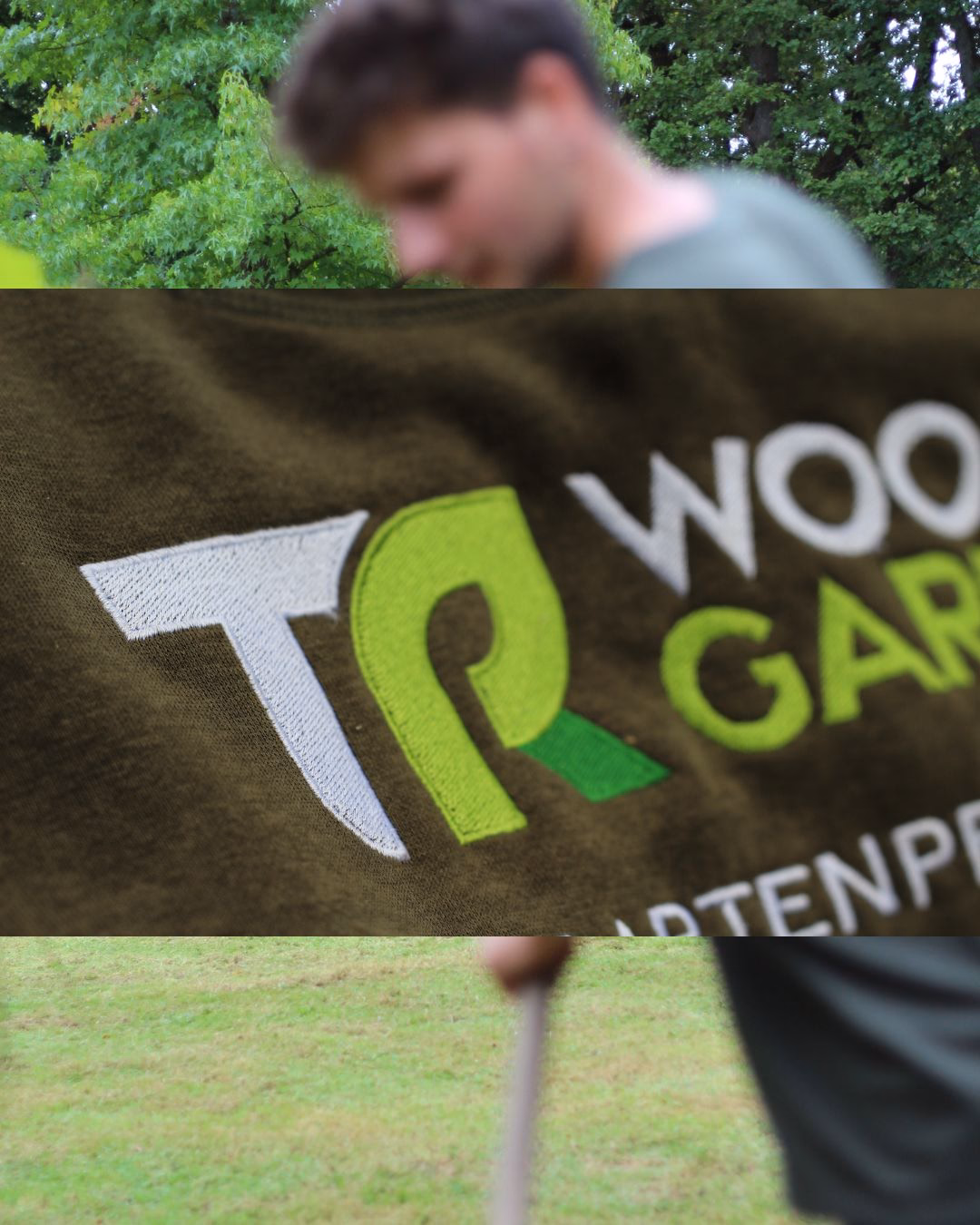 Person wearing gardening shirt with TPG logo in front of green background and lawn.