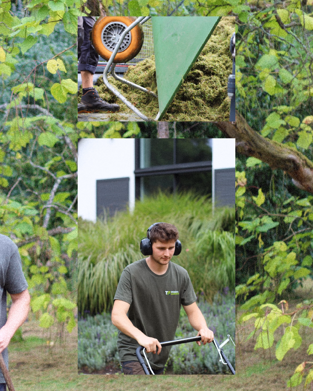 Boy with headphones using garden tools to weed in a green, mossy garden.