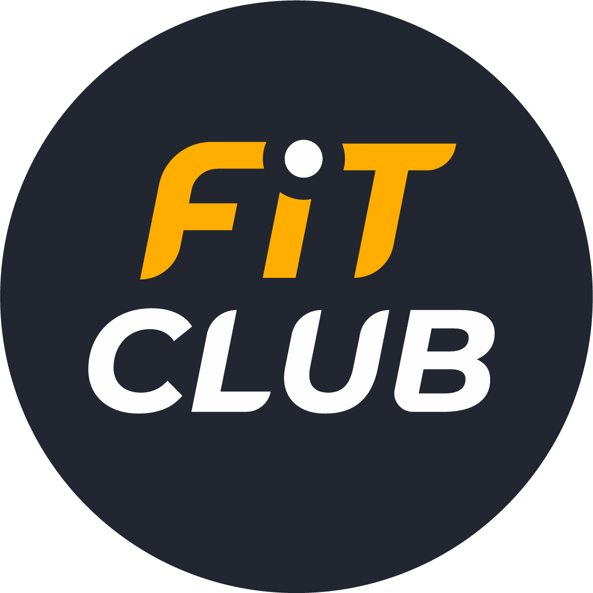FIT CLUB Logo mit gelbem Text auf dunkelblauem Kreishintergrund und weißem Punkt.