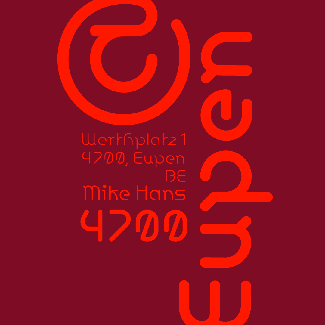 Rotes Neon-Logo "Café 123" mit Adresse Werftplatz 1, 4700 Eupen und Name Mike Hans auf dunkelrotem Hintergrund.
