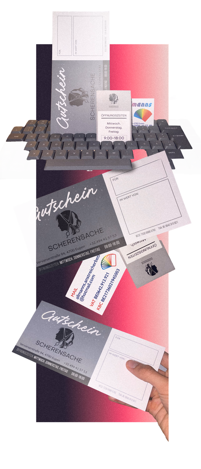 Marque et conception imprimée pour Schattensache : clavier, bons d'achat, cartes de visite et cartes postales sur fond coloré