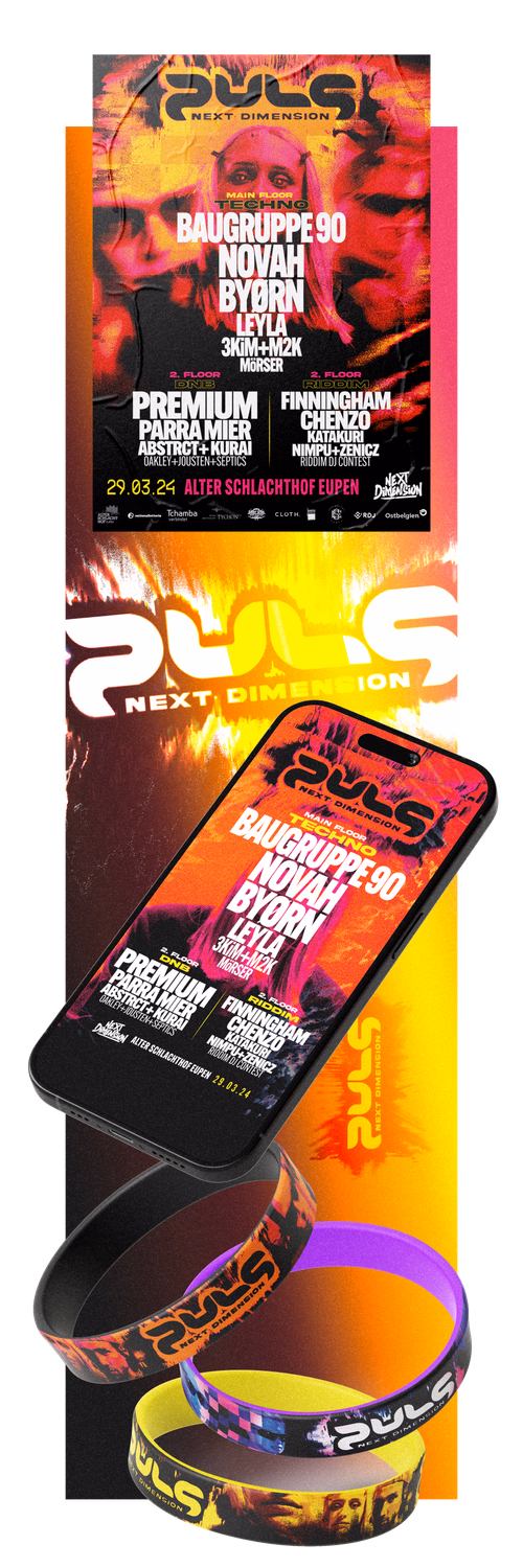 Aura Next Dimension Festival Poster mit Smartphone und farbigen Wristbands, Künstler wie Baugruppe 90 und Novah.