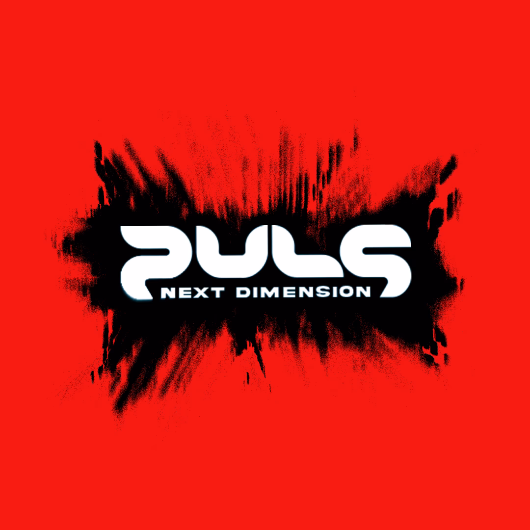 Pulsar Next Dimension Logo auf rotem Hintergrund mit schwarzer Splatter-Textur und weißem Text.