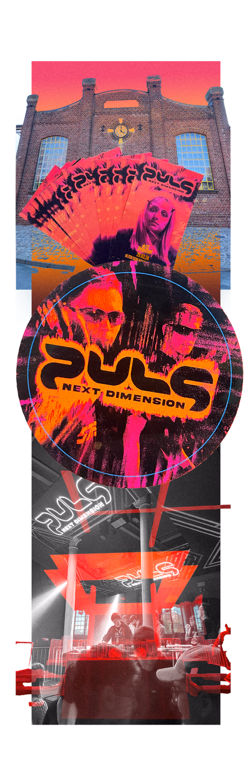 Plakat für "Subs Next Dimension" Event mit neonpink Grafiken, Gebäude und DJ-Auftritt auf schwarzem Hintergrund.