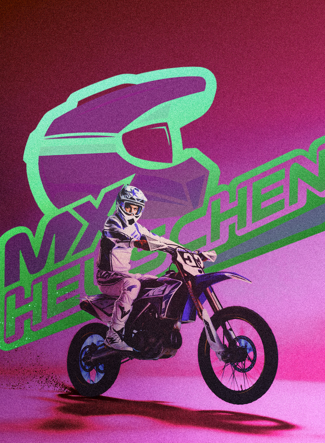 Motocross-Fahrer auf Motorrad vor grünem Auto-Silhouetten-Design auf magentafarbenem Hintergrund.