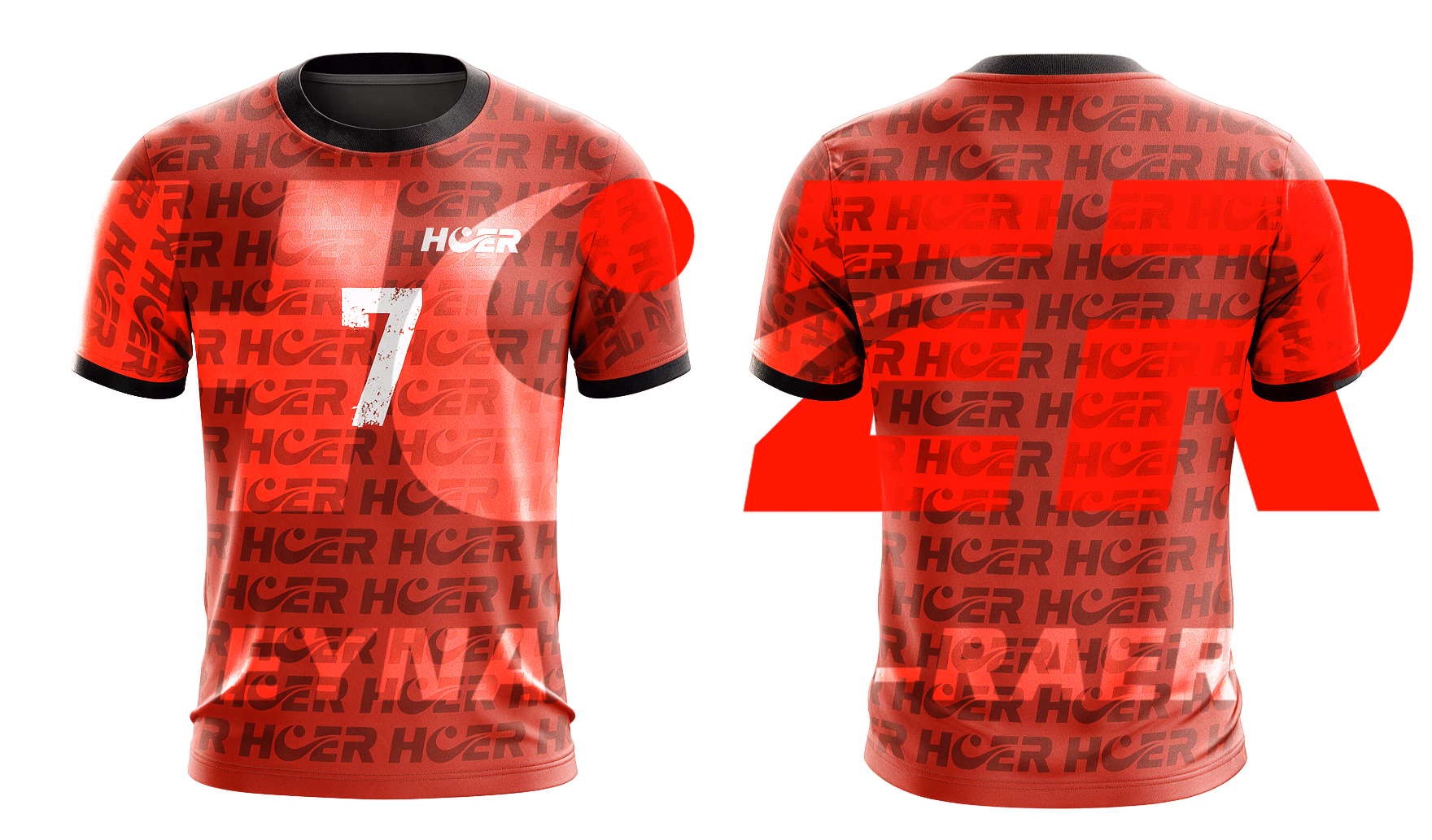 Rotes Fußball-Trikot mit Nummer 7, Vorder- und Rückseite, HC KITTEN RAEREN Design mit wiederholtem Logo-Muster.